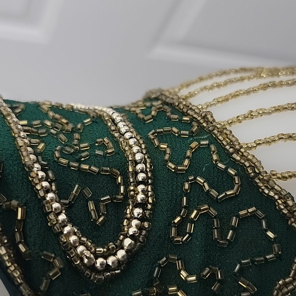 Gypsy Green and Gold Beaded Butterfly Halter 3 Tie Women's Top Size Small - Picture 10 of 11